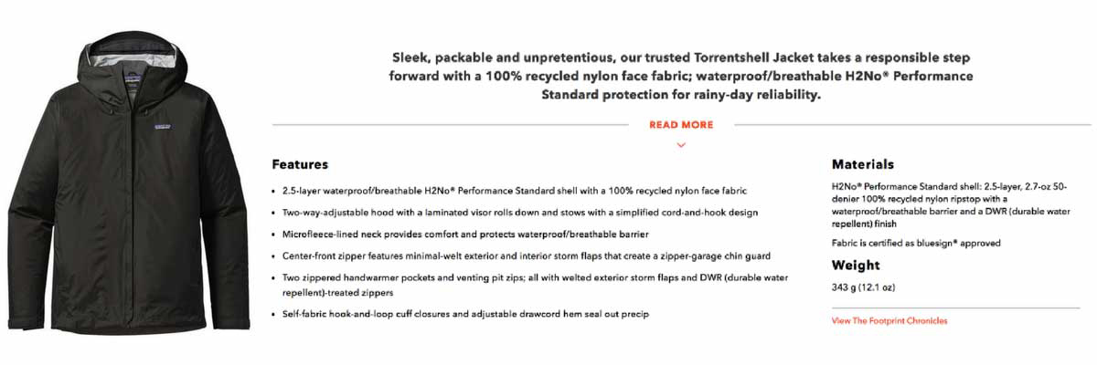 screenshot of black jacket and product description