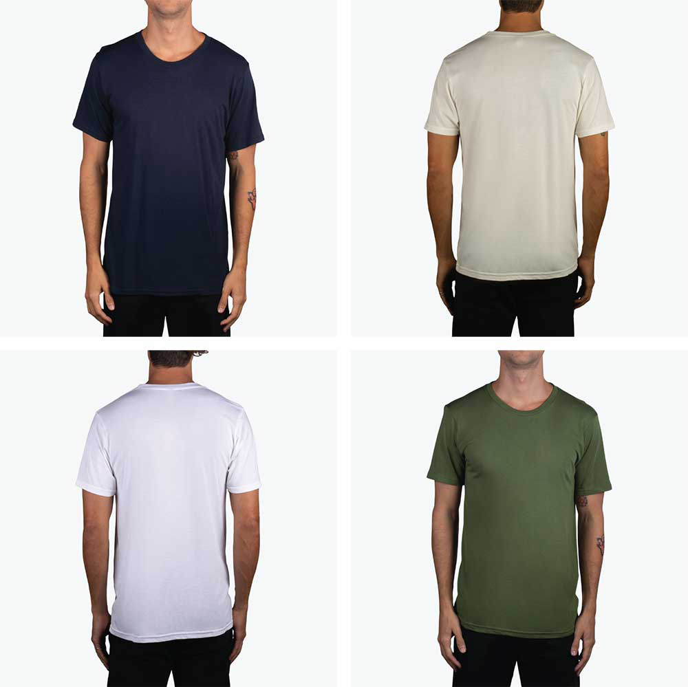 four men modeling different colored shirts