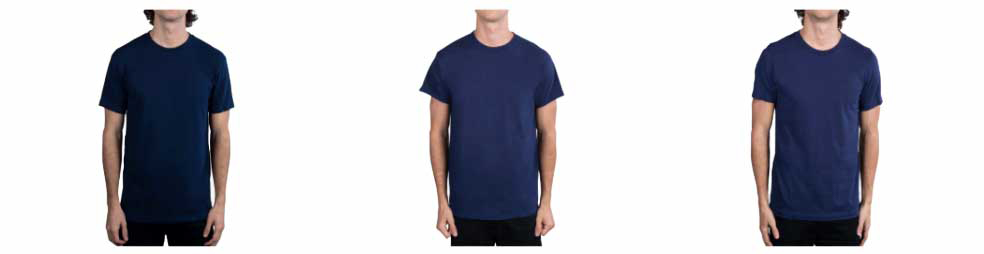 three images of man wearing different colored shirt with different fit