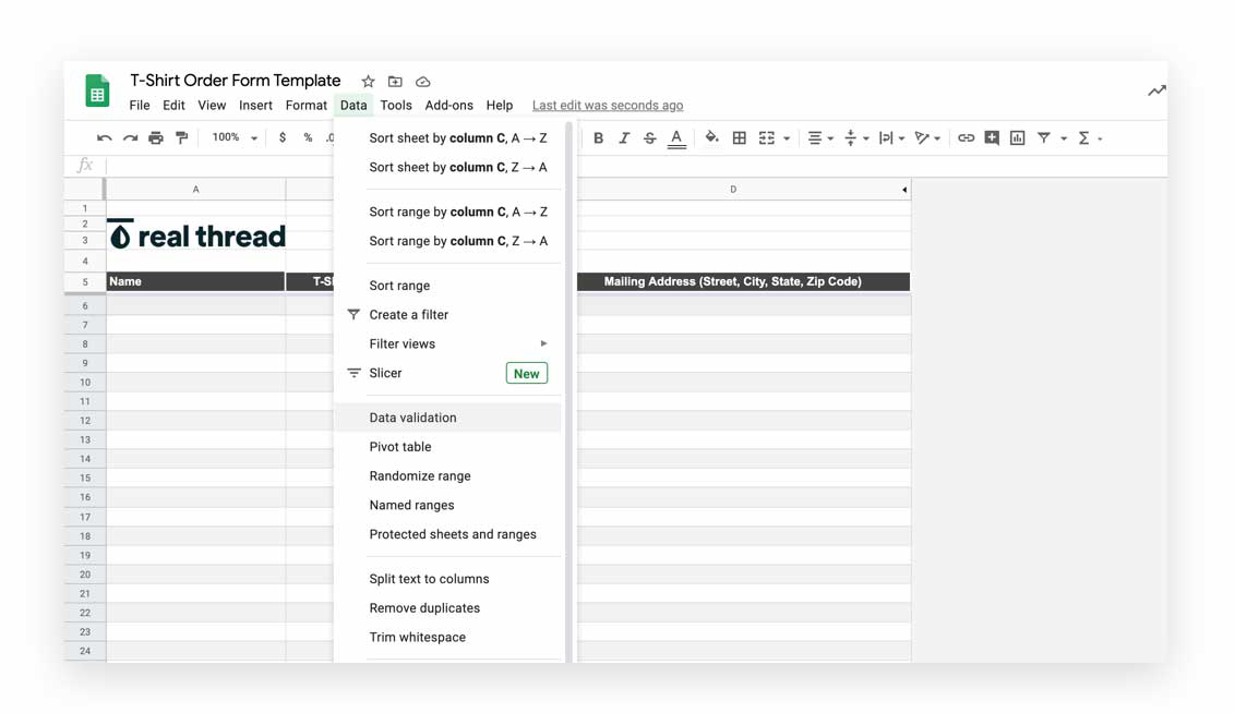real thread t-short excel screenshot