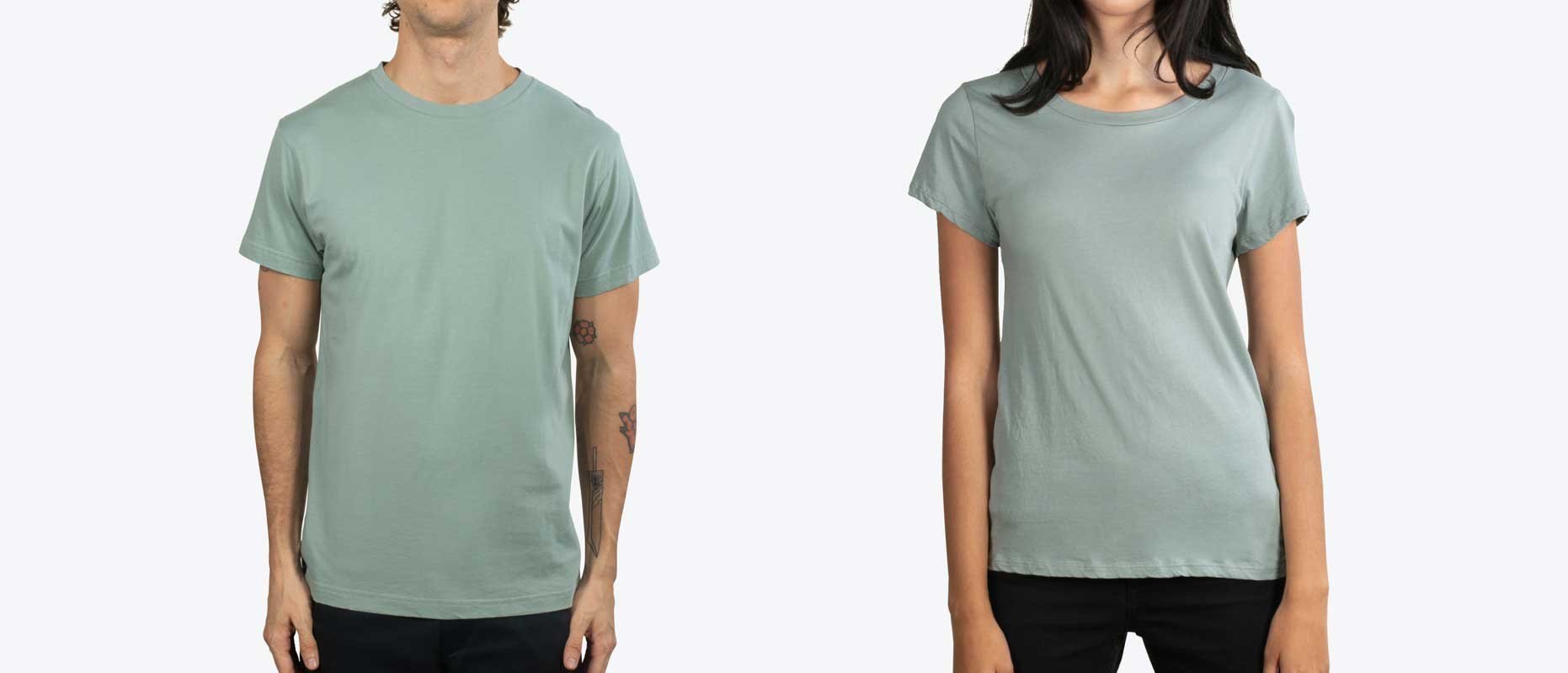man and woman modeling green shirt