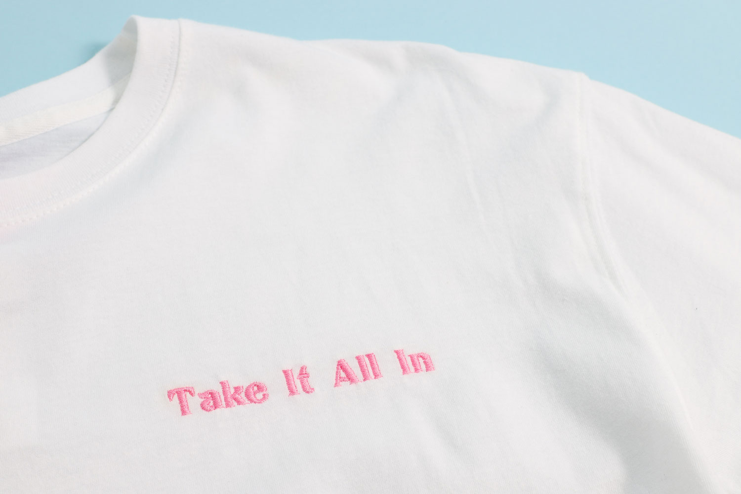 white shirt with "take it all in" embroidered in pink text