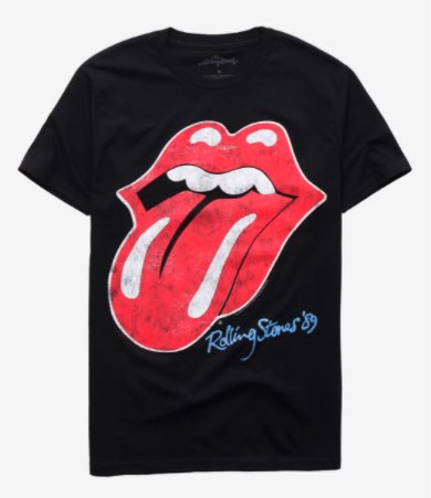 A black shirt with the Rolling Stones red lips and tongue logo