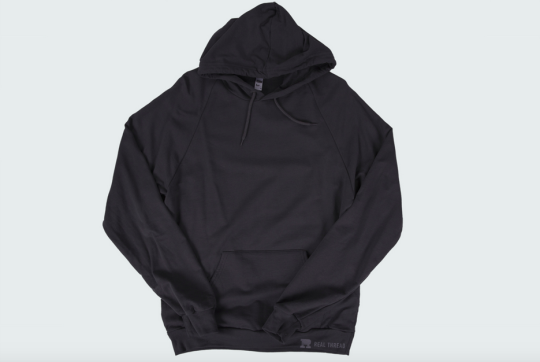black hoodie flat lay