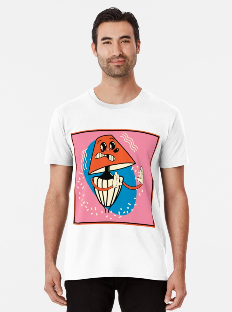 A man models a graphic t-shirt with a cartoon lamp on it